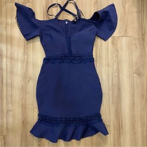 Missguided Blue Bardot Bandage Frill Bodycon Dress